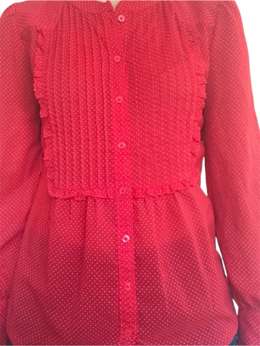 J.Crew  long sleeve Red Polka Dot Pintuck Tuxedo Blouse - Size 8